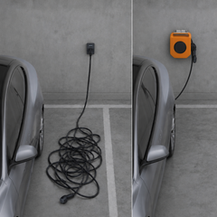 Tangled EV cable mess compared to Rollkern auto-retract wall reel