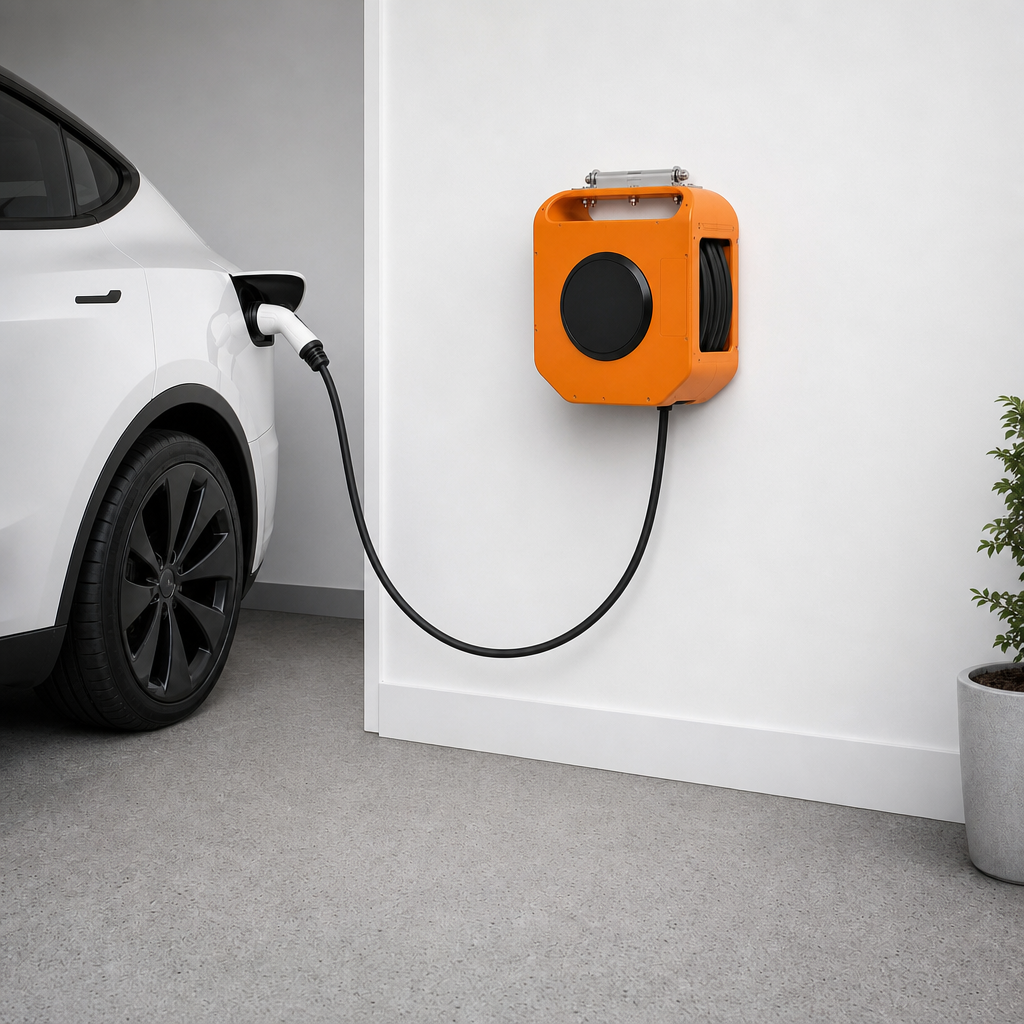 Rollkern auto-retract reel charging a Tesla Model Y in a home driveway