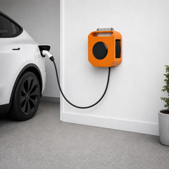 Rollkern auto-retract reel charging a Tesla Model Y in a home driveway