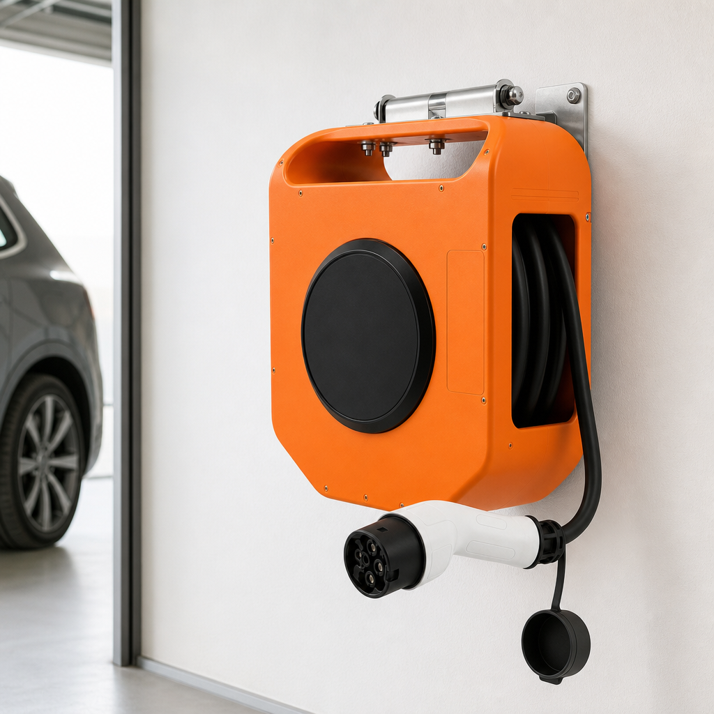 Rollkern reel installed in garage ??Tesla Model 3 charging