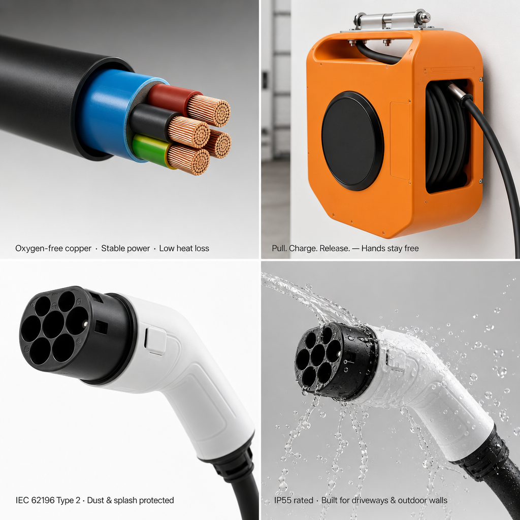 Rollkern four-panel features: copper conductors, reel in use, Type 2 connector, IP55 water resistance