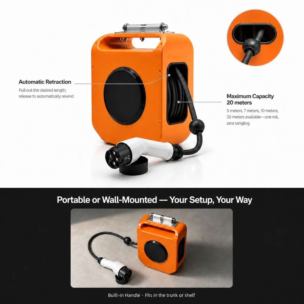 Rollkern automatic retraction guide with 20m capacity and portable or wall-mount options